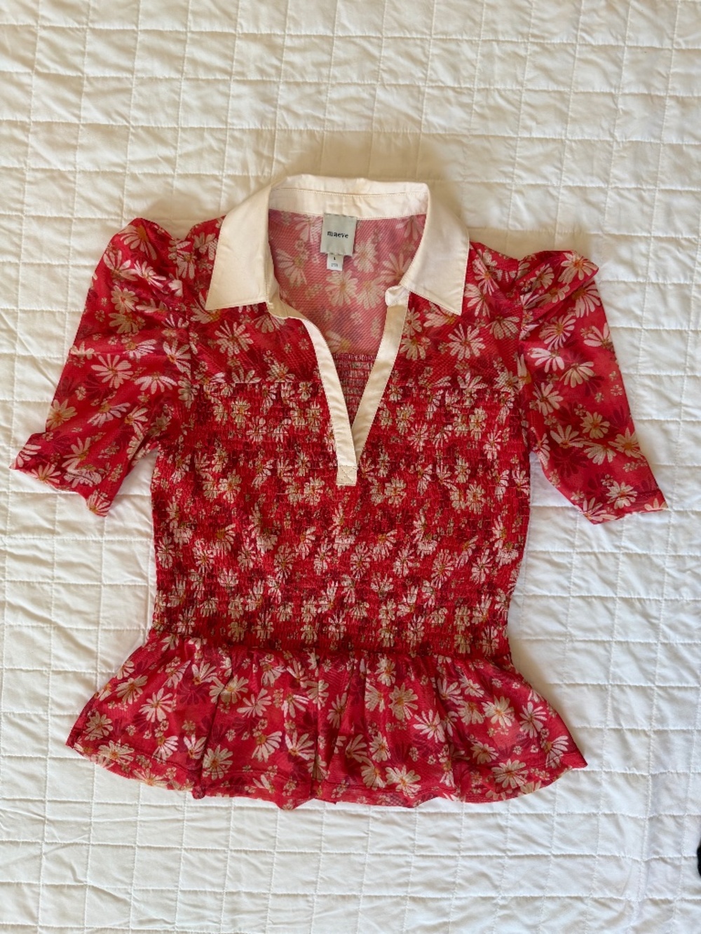 Maeve Short-Sleeve Smocked Polo Top - Large